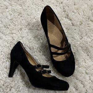 Naturalizer Black Mary Jane Suede Heels with Double Straps